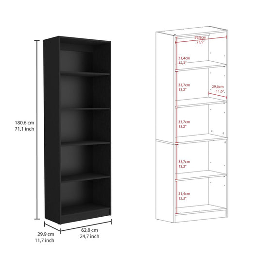 71" Black Five Tier Bookcase