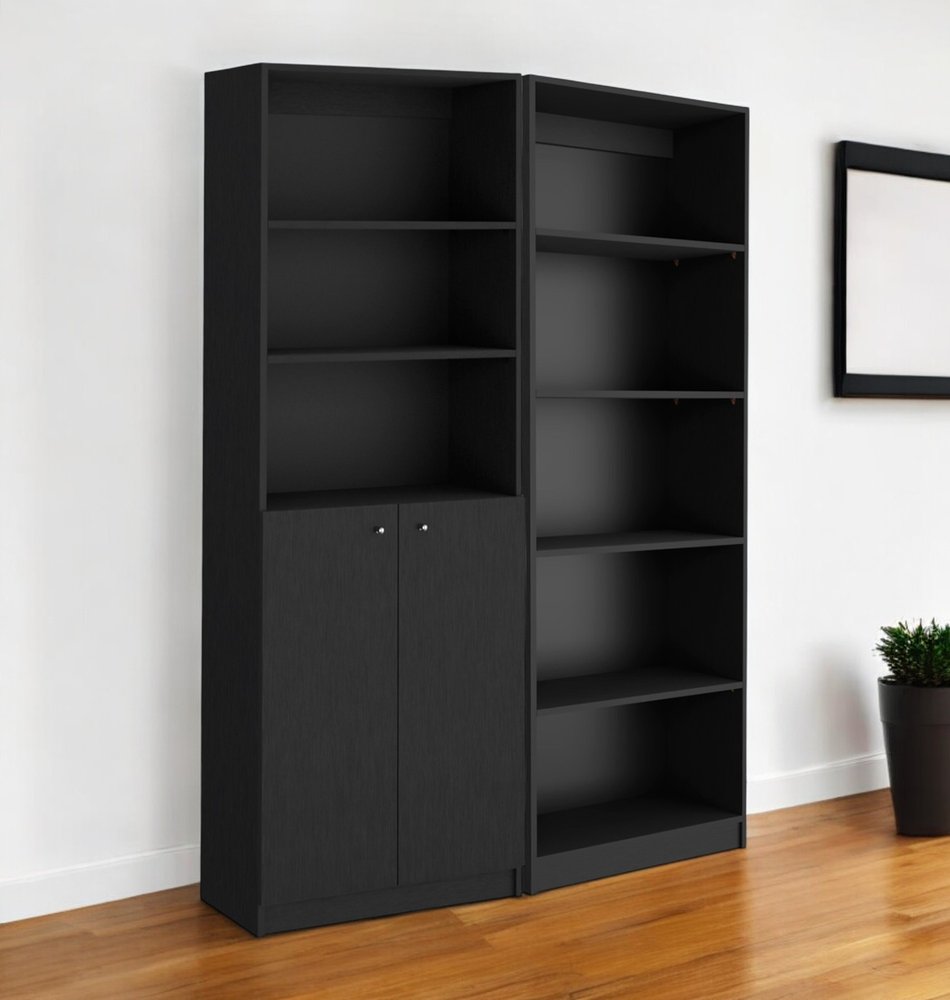 Set of Two 71" Black Five Tier Bookcase With Two Doors