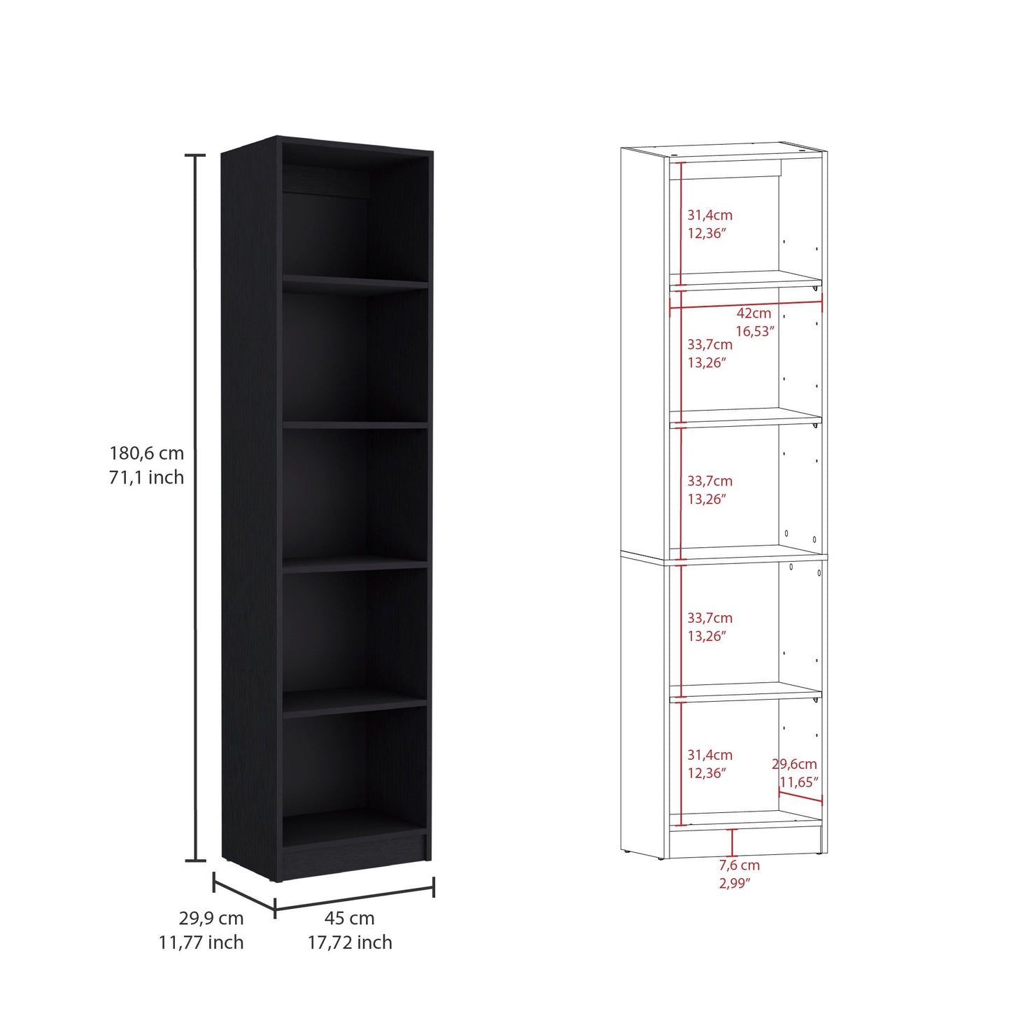 71" Black Five Tier Bookcase