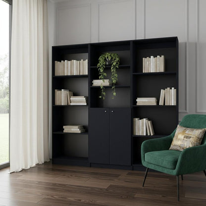 71" Black Five Tier Bookcase with Two doors