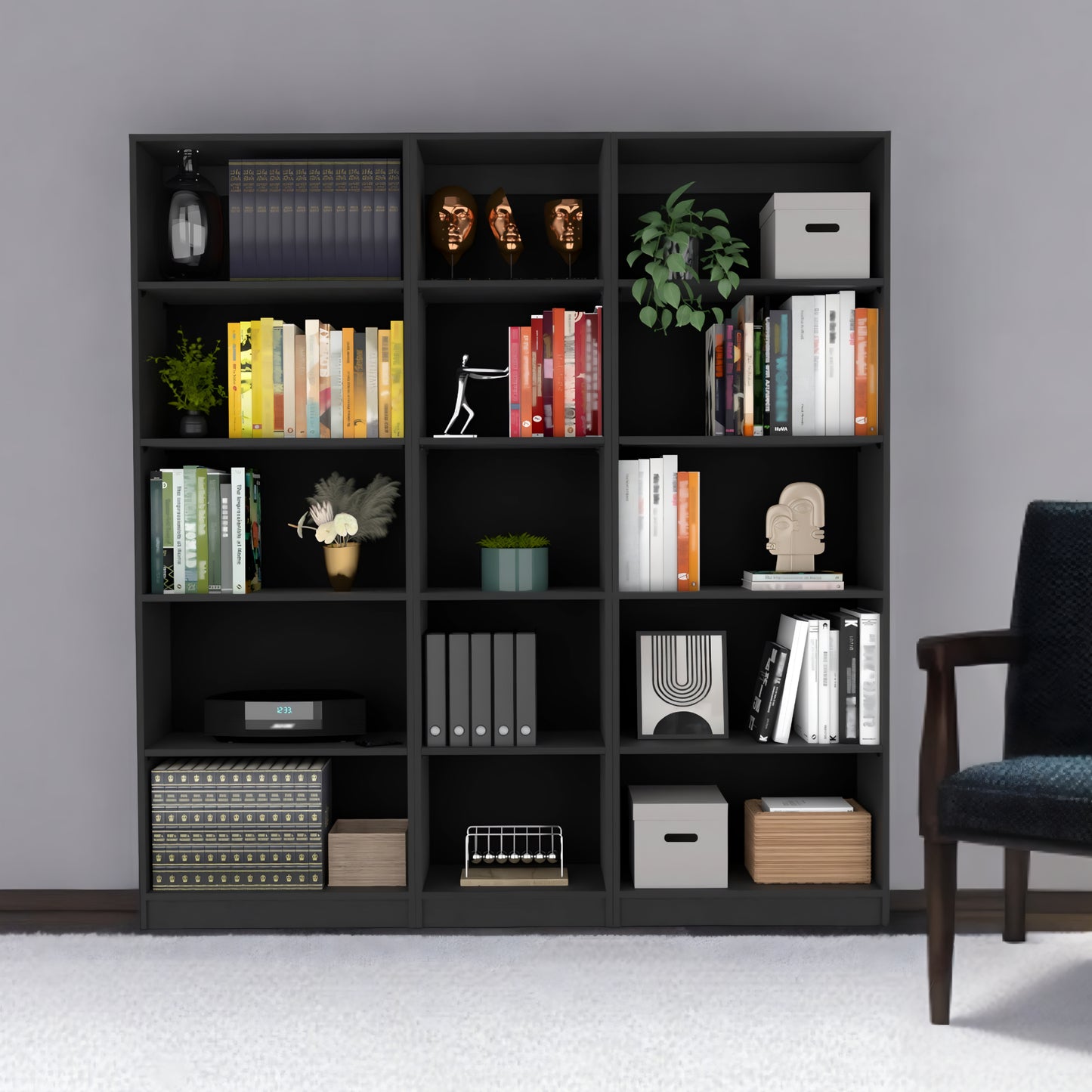 71" Black Five Tier Bookcase