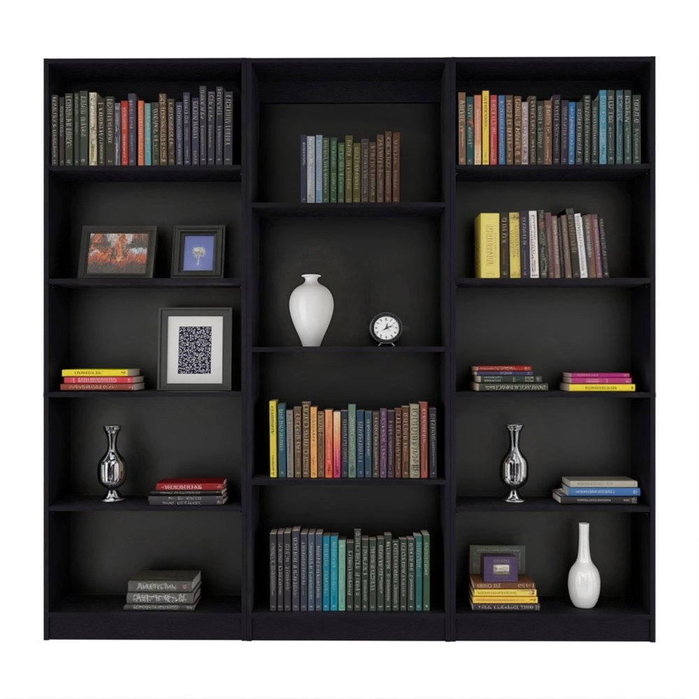 Set of Three Black Wood Four Tier Bookcases