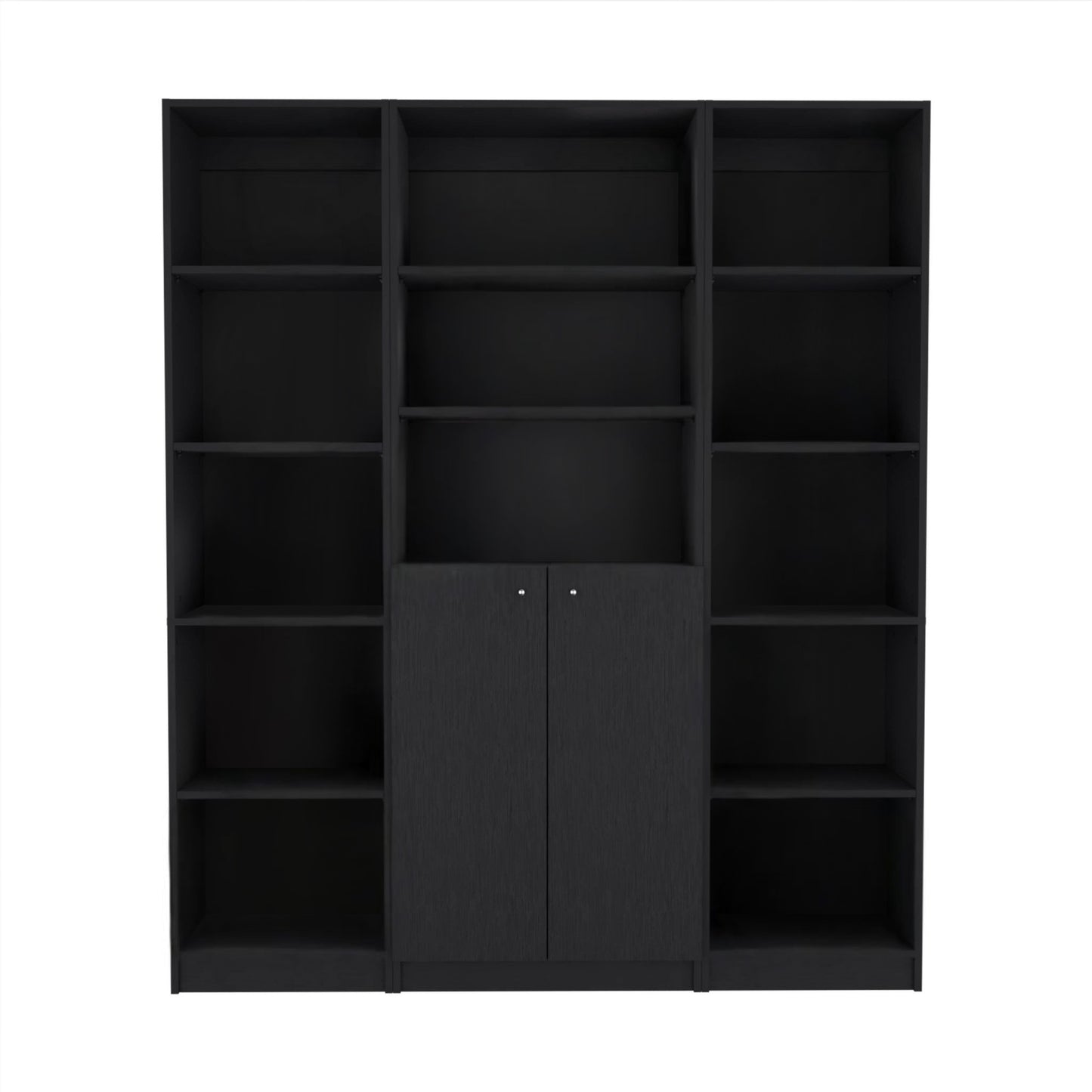 Set of Three Black Five Tier Bookcases with Two Doors