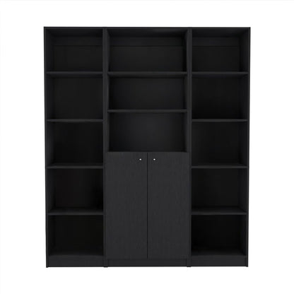 Set of Three Black Five Tier Bookcases with Two Doors