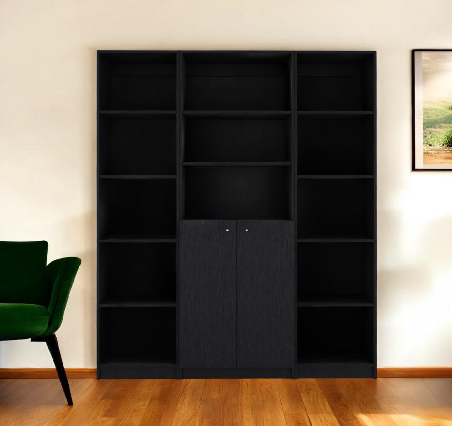 Set of Three Black Five Tier Bookcases with Two Doors