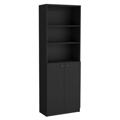 Set of Three Black Five Tier Bookcases with Two Doors