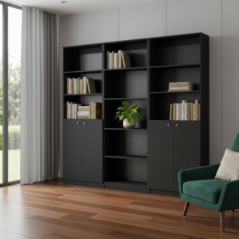 71" Black Five Tier Bookcase with Four Doors