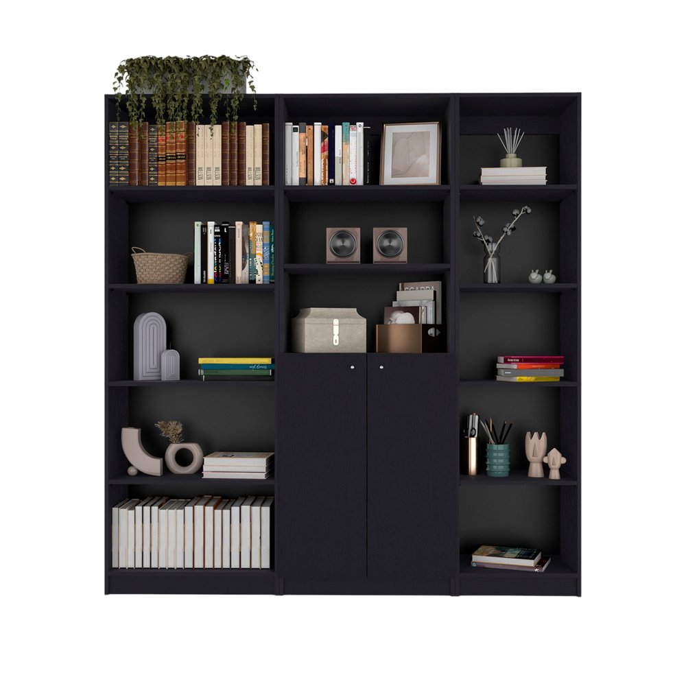 Set of Three Black Five Tier Bookcase with Two Doors