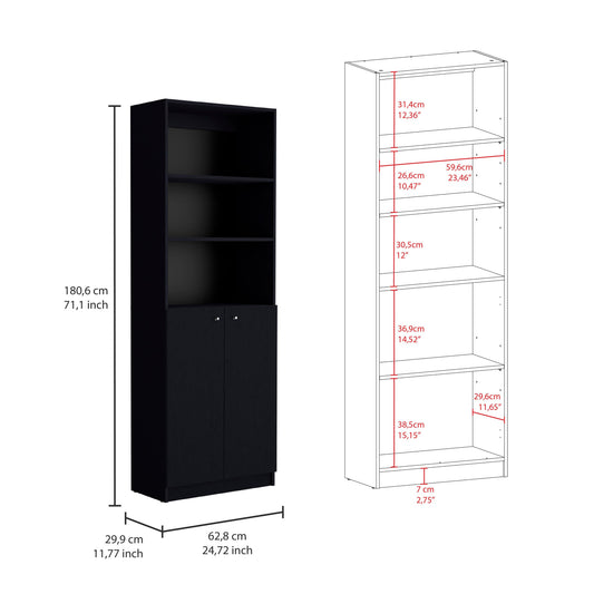 71" Black Five Tier Bookcase with Two Doors