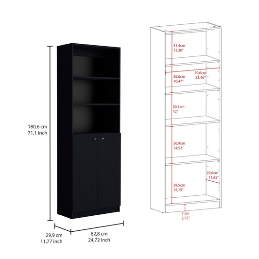 Set of Three Black Five Tier Bookcase with Two Doors