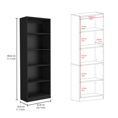 71" Black Five Tier Bookcase with Two Doors