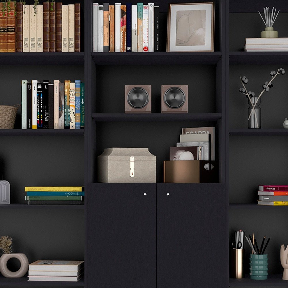 Set of Three Black Five Tier Bookcase with Two Doors