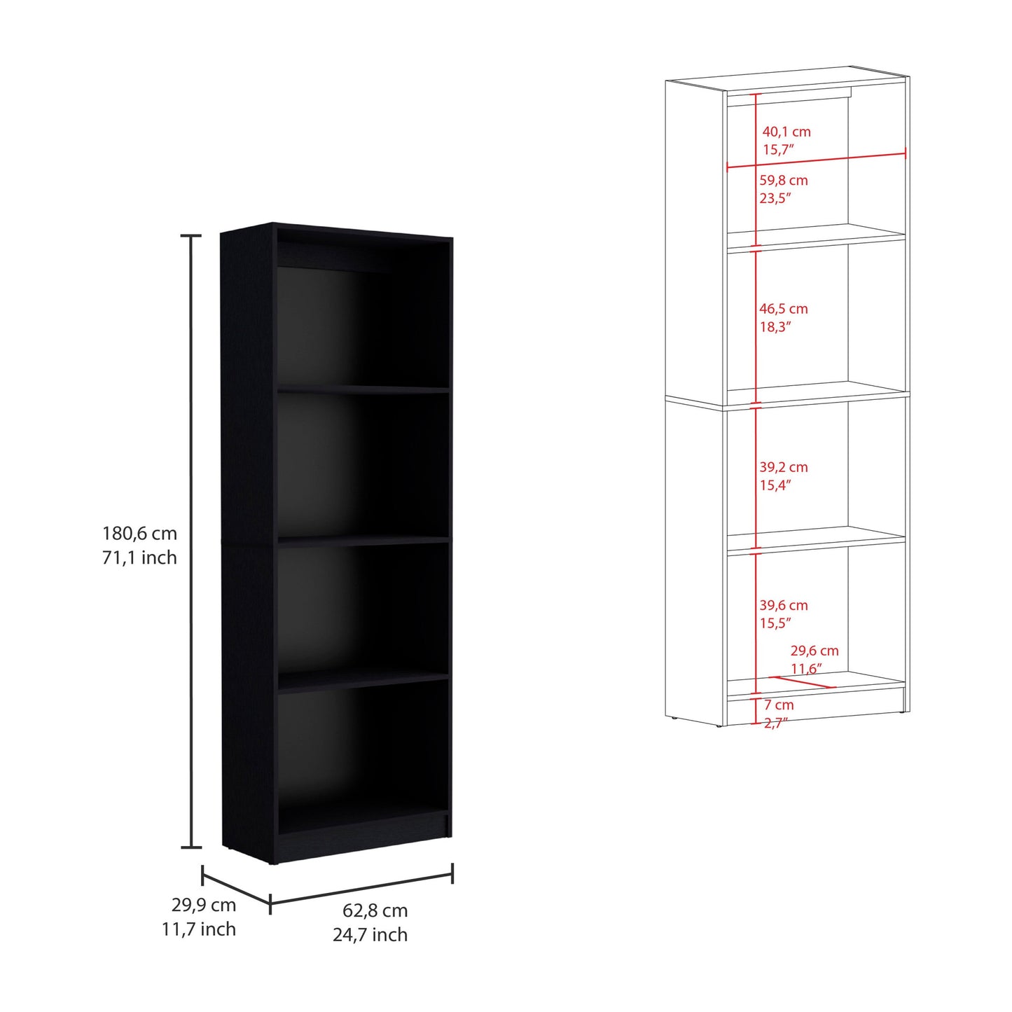 71" Black Four Tier Bookcase with Two Doors