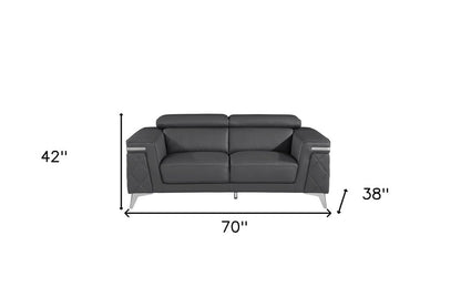 70" Dark Gray And Silver Metallic Leather Loveseat