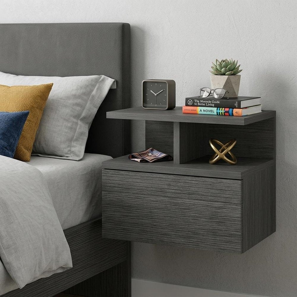 13" Dark Gray Wood One Drawer Floating Nightstand