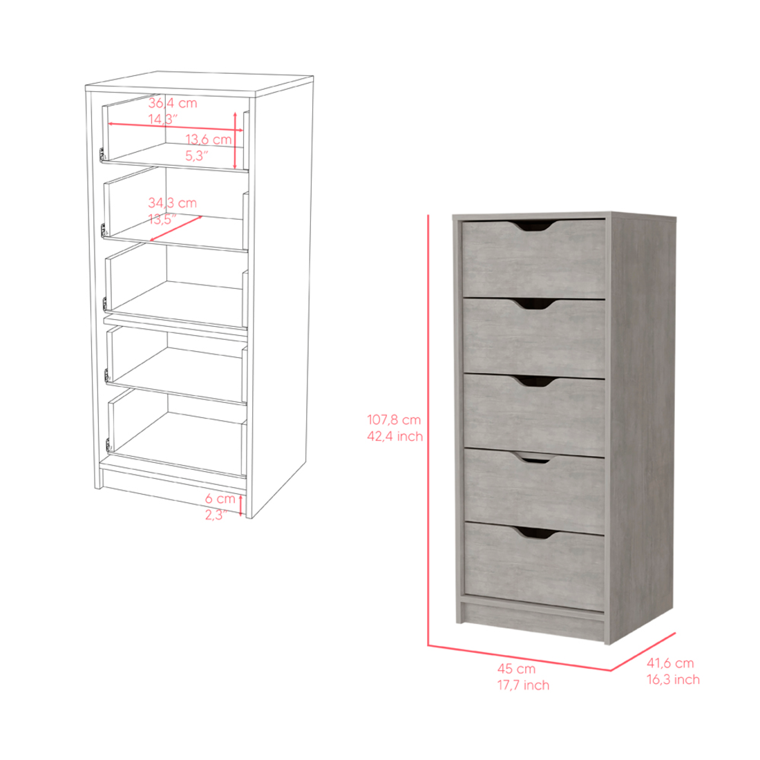 18" Gray Five Drawer Standard Chest