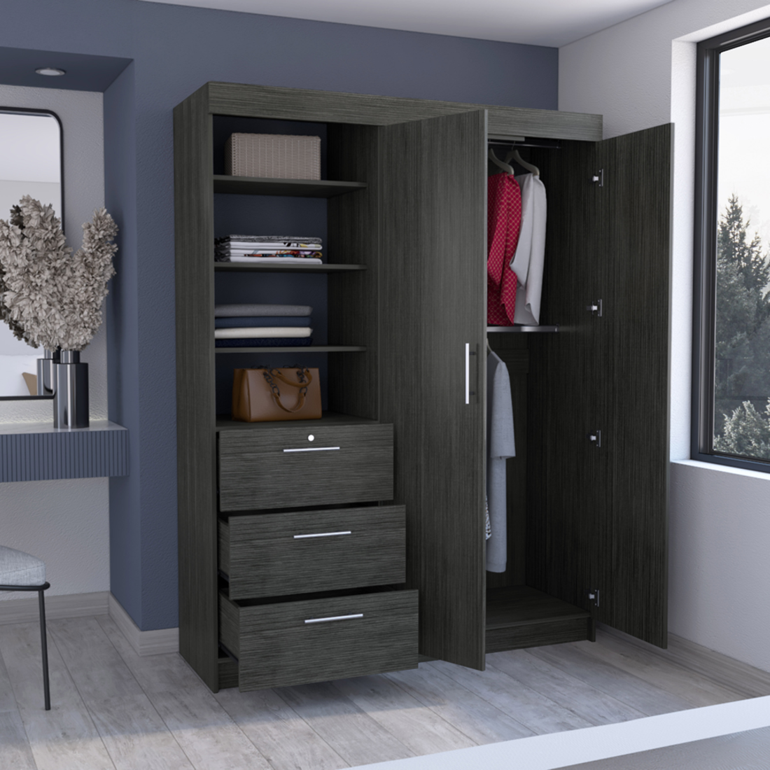 59" Gray Three Drawer Combo Dresser