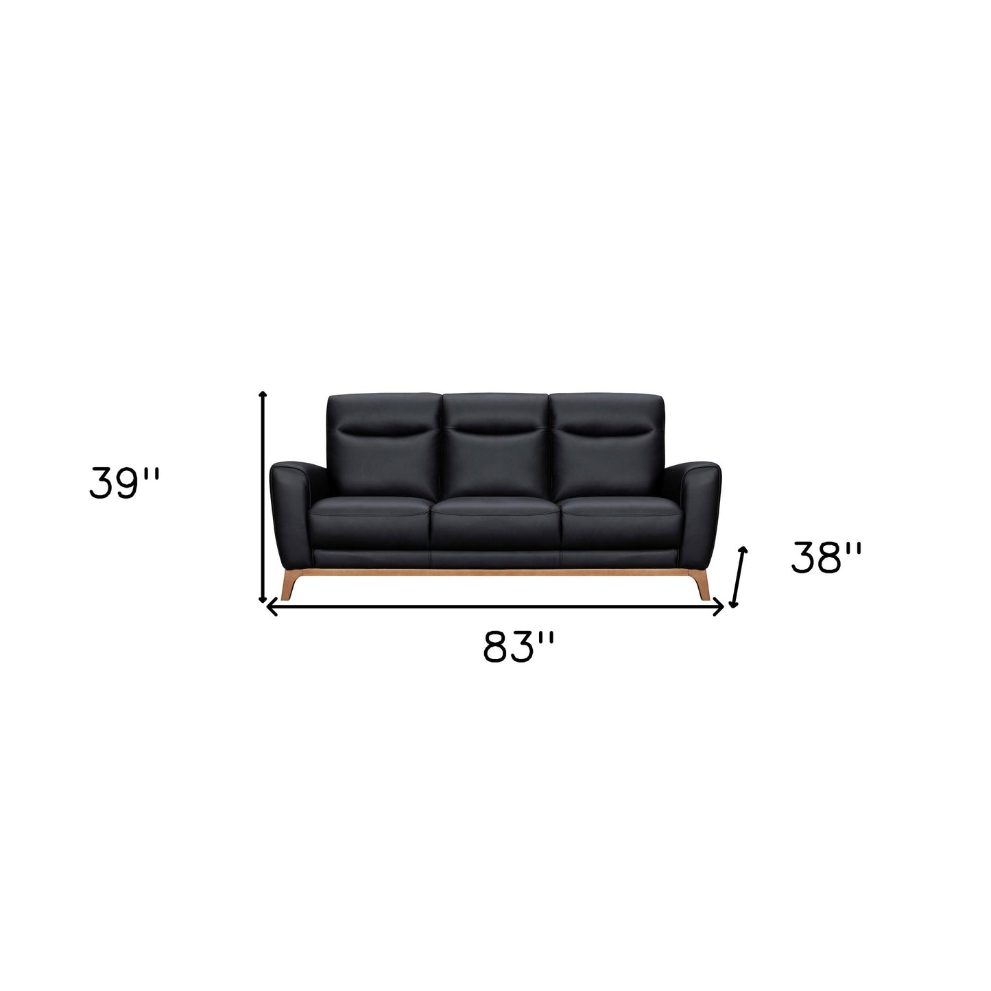 83" Black Leather Sofa With Brown Legs