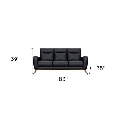 83" Black Leather Sofa With Brown Legs