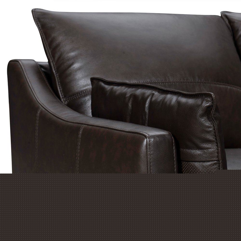 87" Dark Brown Leather Sofa And Toss Pillows With Brown Legs