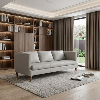 85" Gray Leather Sofa With Brown Legs
