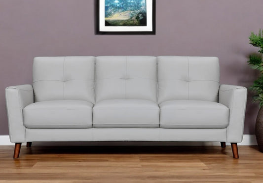 82" Light Slate Gray Leather Sofa With Brown Legs