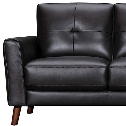 82" Black Leather Sofa With Brown Legs