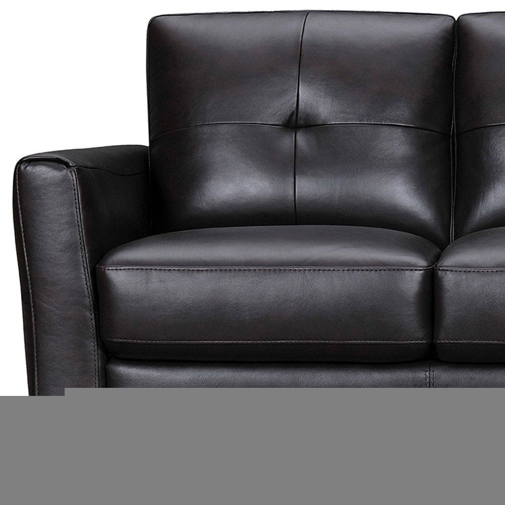 82" Black Leather Sofa With Brown Legs