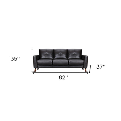 82" Black Leather Sofa With Brown Legs