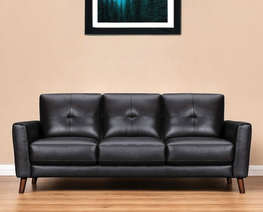 82" Black Leather Sofa With Brown Legs