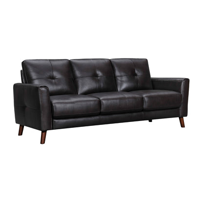 82" Black Leather Sofa With Brown Legs