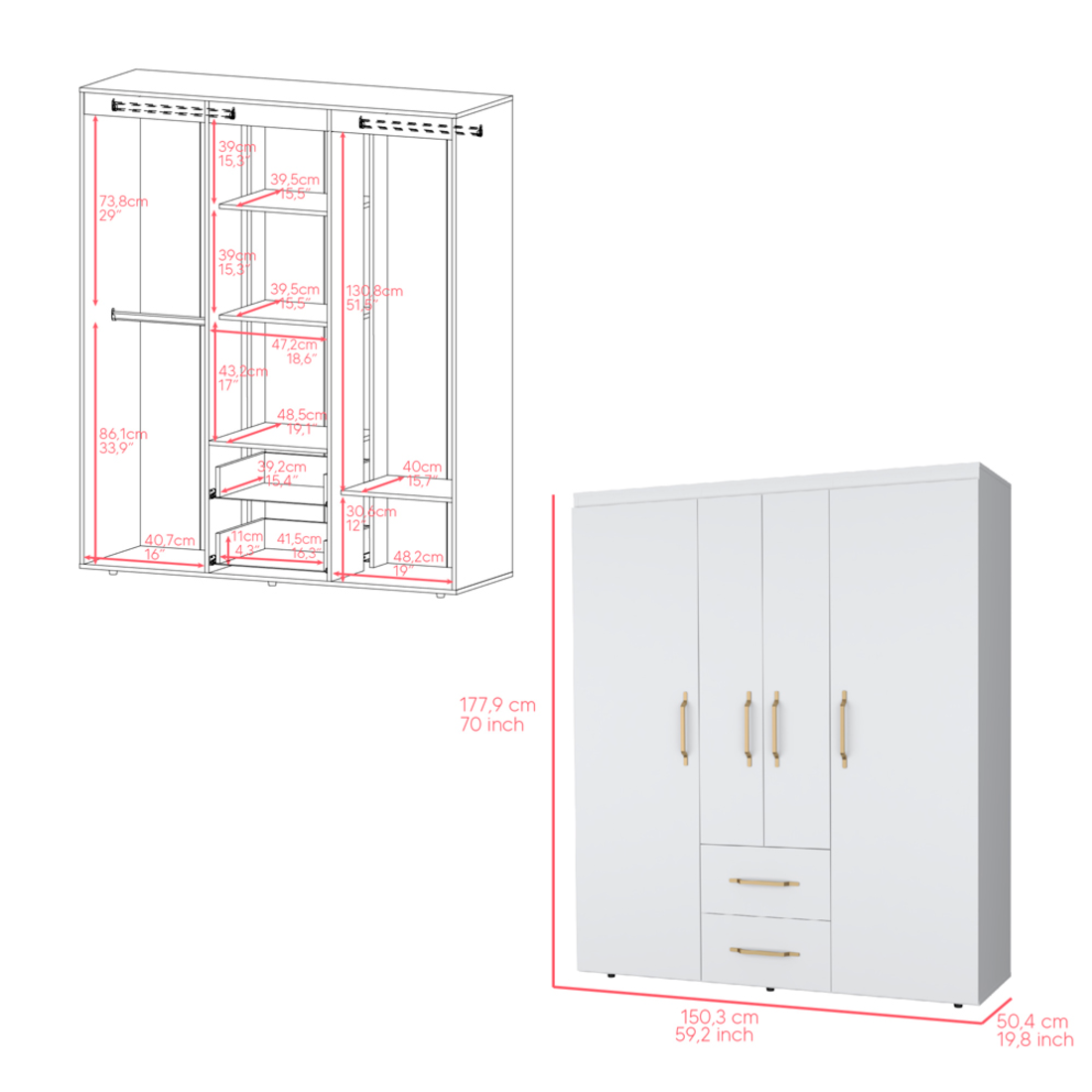 59" White Two Drawer Combo Dresser