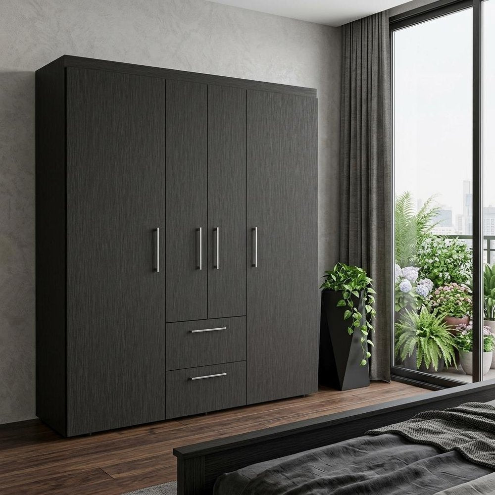 70" Black Wood Two Drawer Combo Dresser