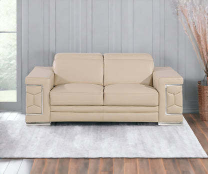 71" Beige And Silver Genuine Leather Loveseat