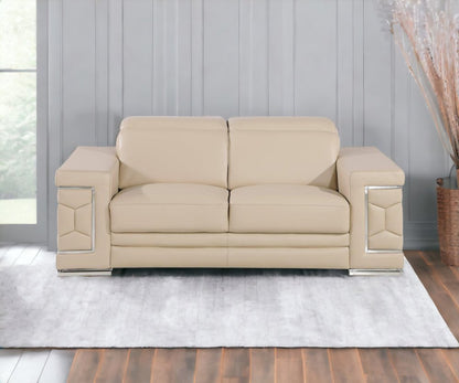 71" Beige And Silver Genuine Leather Loveseat