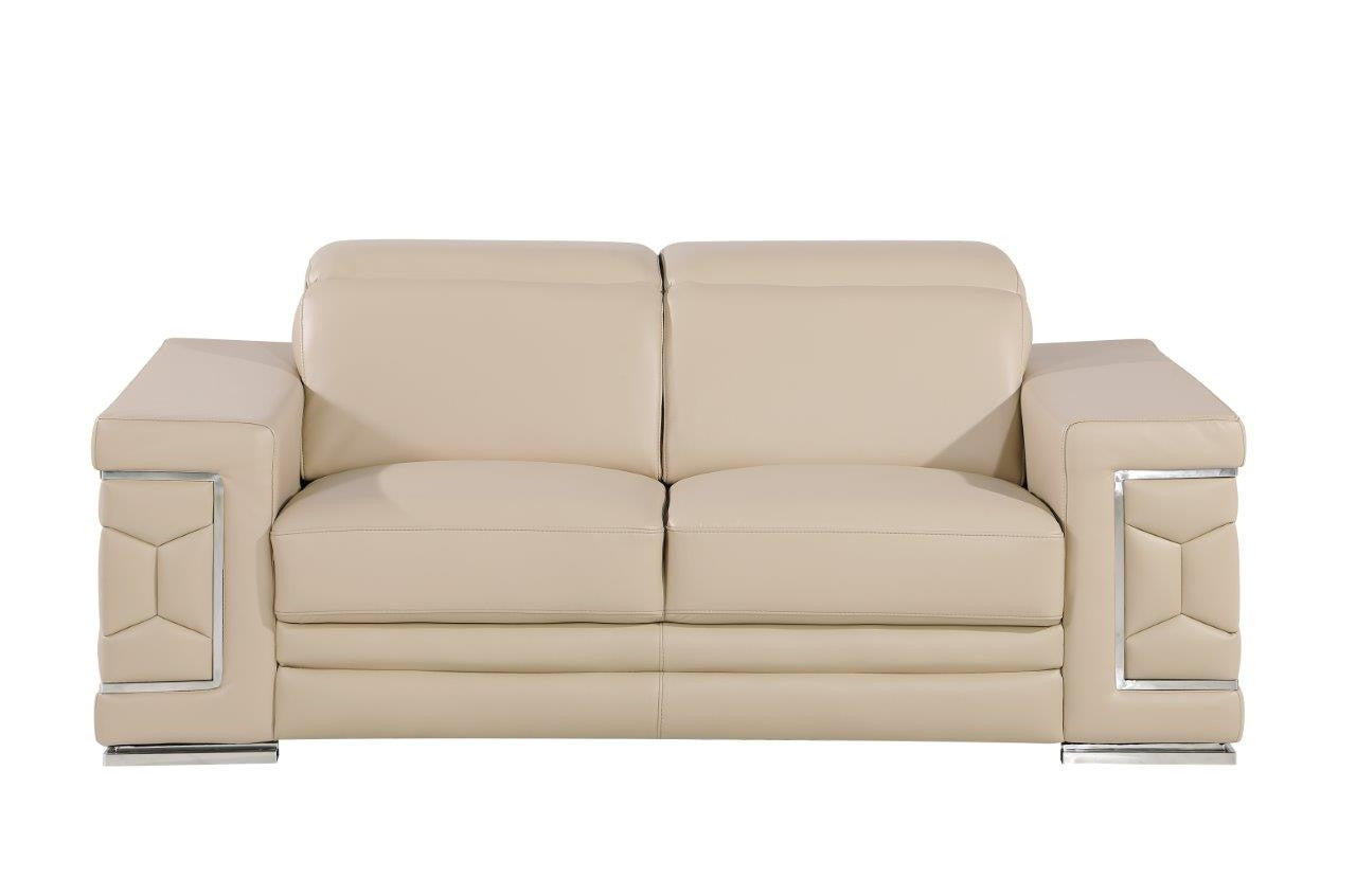 71" Beige And Silver Genuine Leather Loveseat