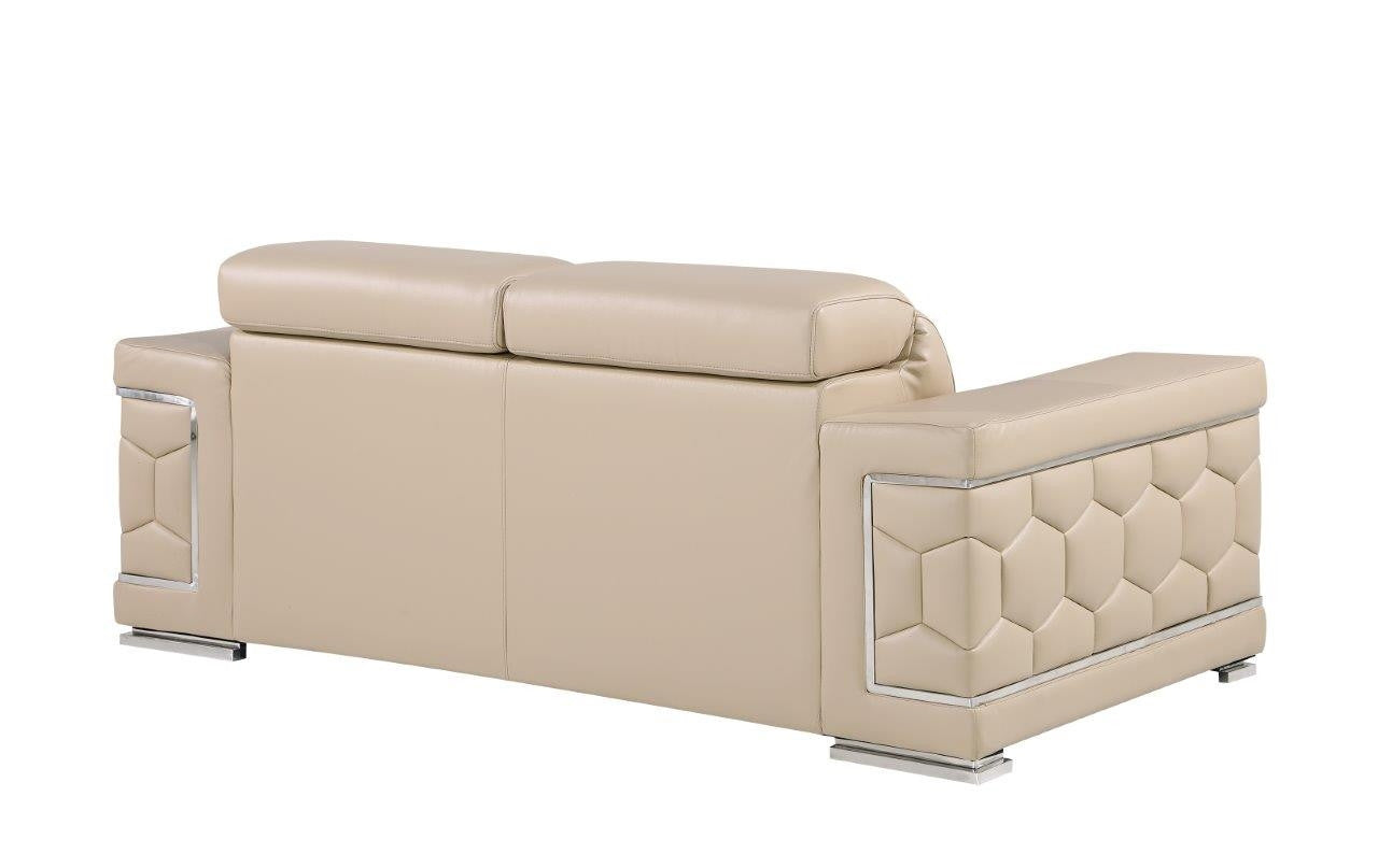 71" Beige And Silver Genuine Leather Loveseat