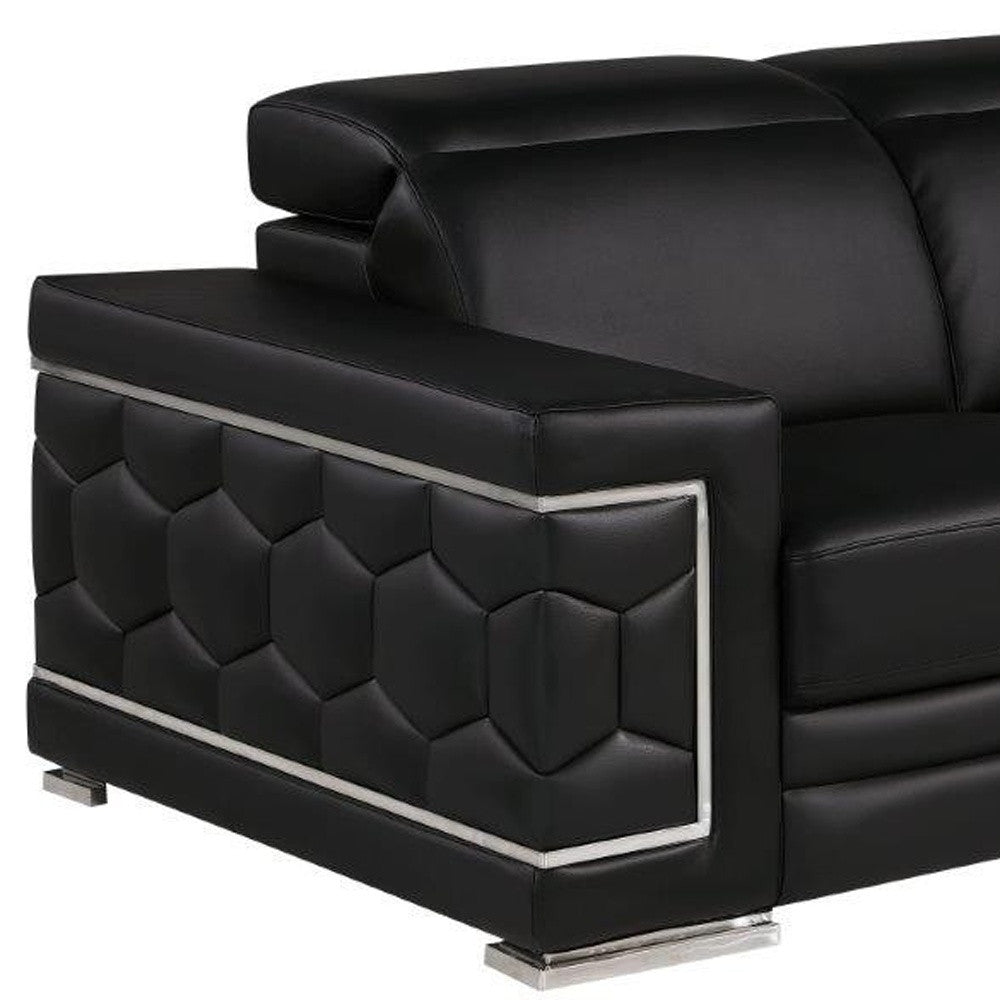 71" Black And Silver Genuine Leather Loveseat