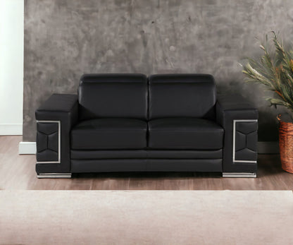 71" Black And Silver Genuine Leather Loveseat