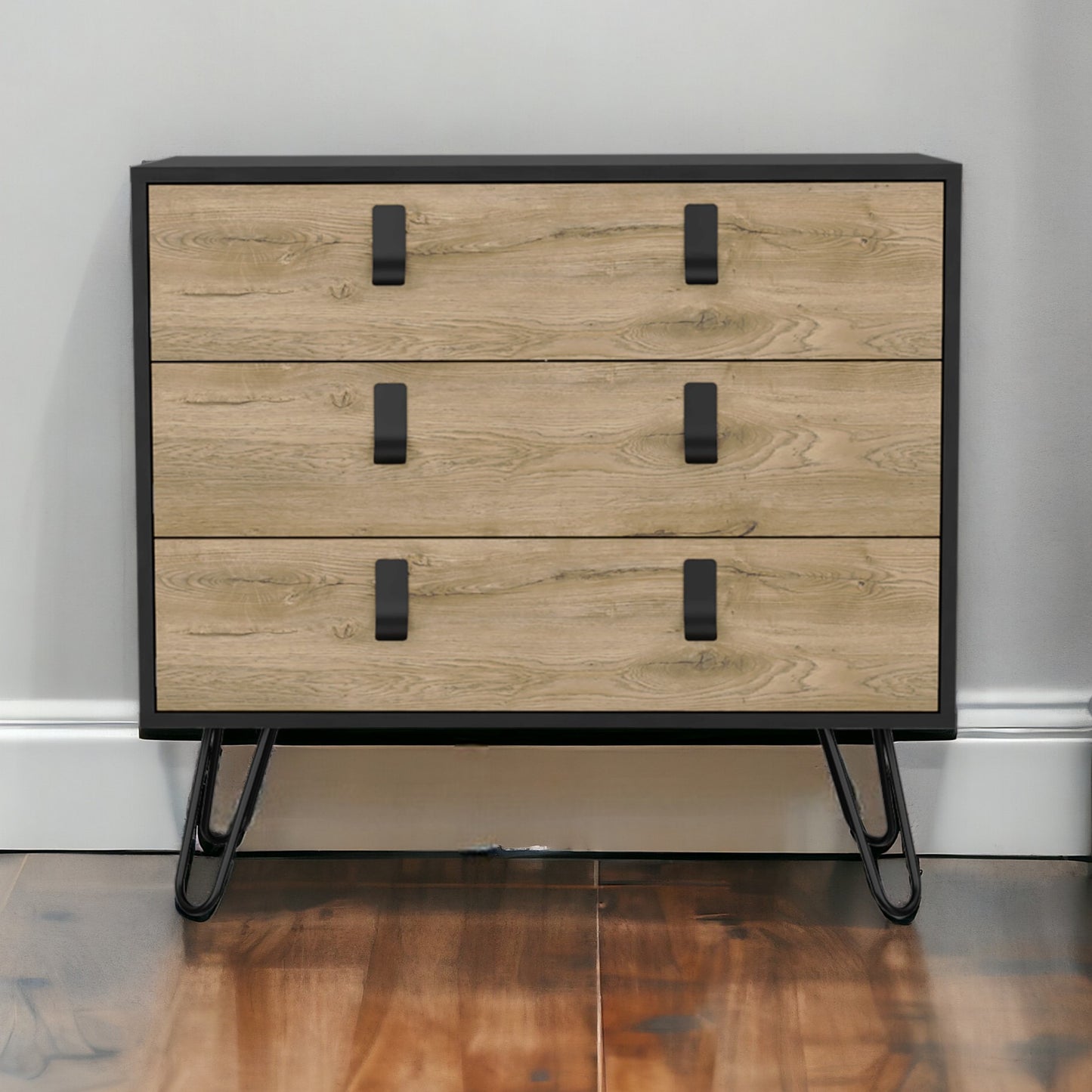 32" Natural and Black Three Drawer Dresser