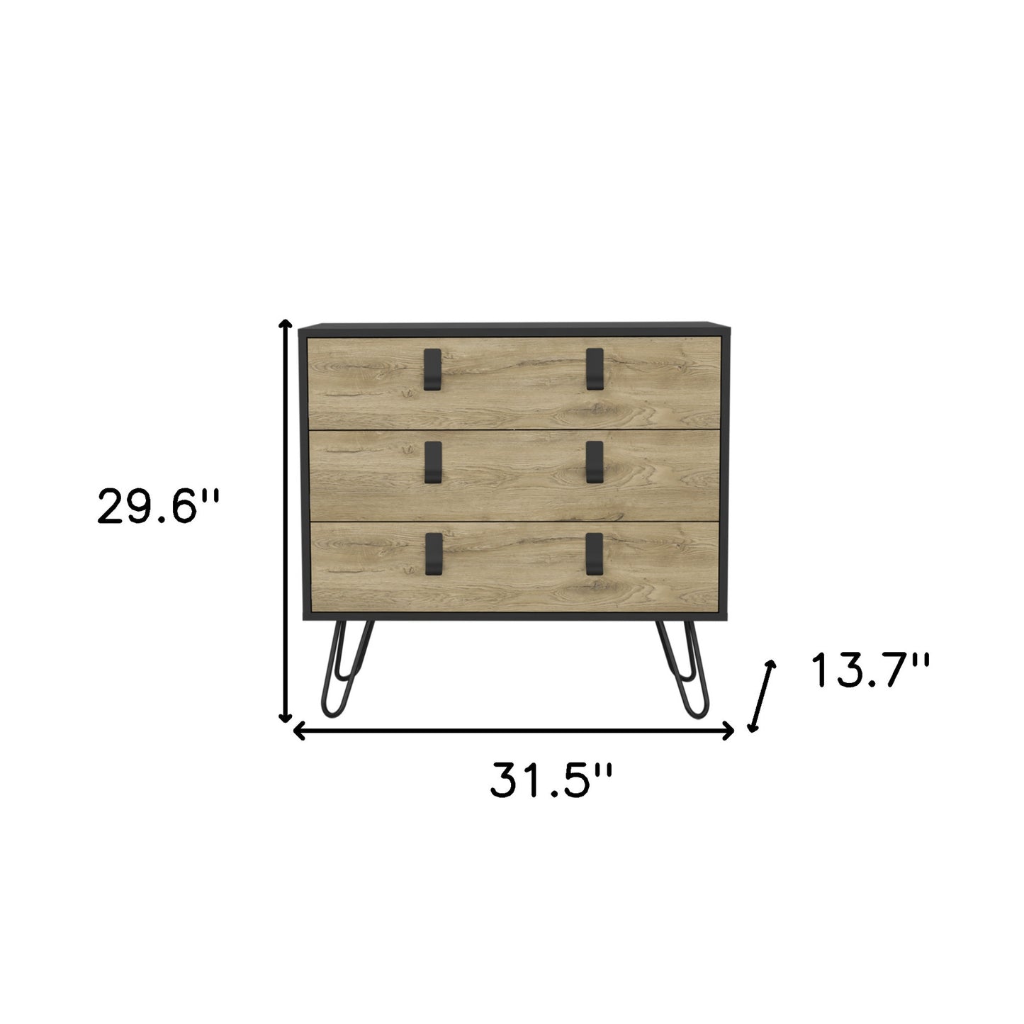 32" Natural and Black Three Drawer Dresser