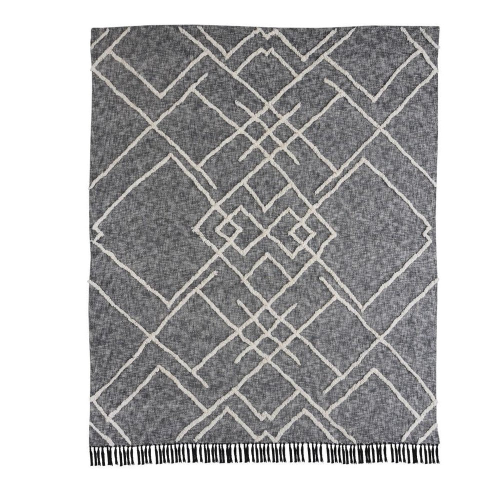 Charcoal and Off White Geometric Queen Cotton Coverlet With Fringe
