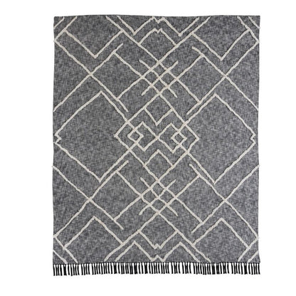 Charcoal and Off White Geometric Twin Cotton Coverlet With Fringe