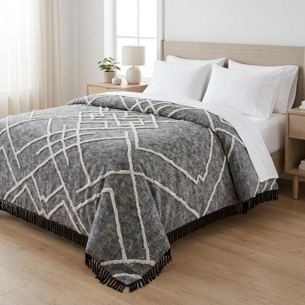 Charcoal and Off White Geometric Twin Cotton Coverlet With Fringe