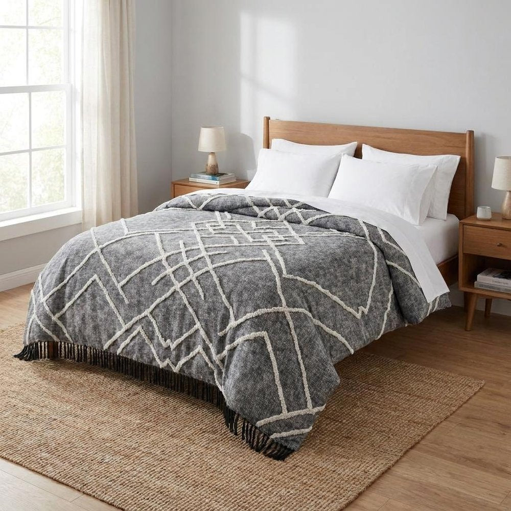 Charcoal and Off White Geometric Twin Cotton Coverlet With Fringe