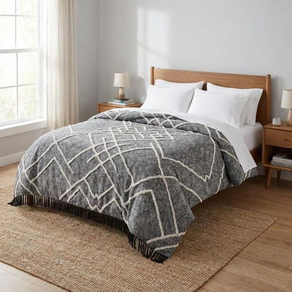 Charcoal and Off White Geometric Twin Cotton Coverlet With Fringe