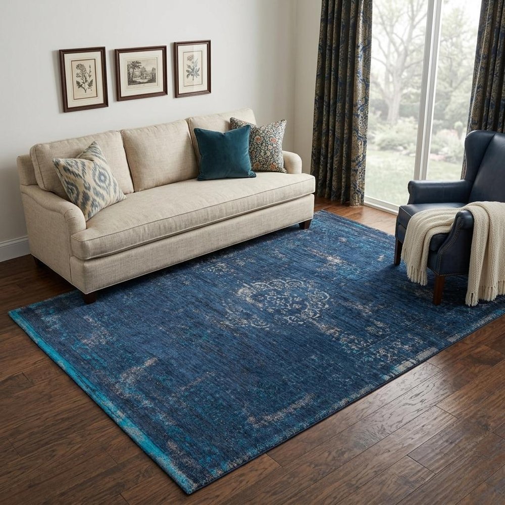 5' X 7' Blue and Gray Medallion Non Skid Area Rug