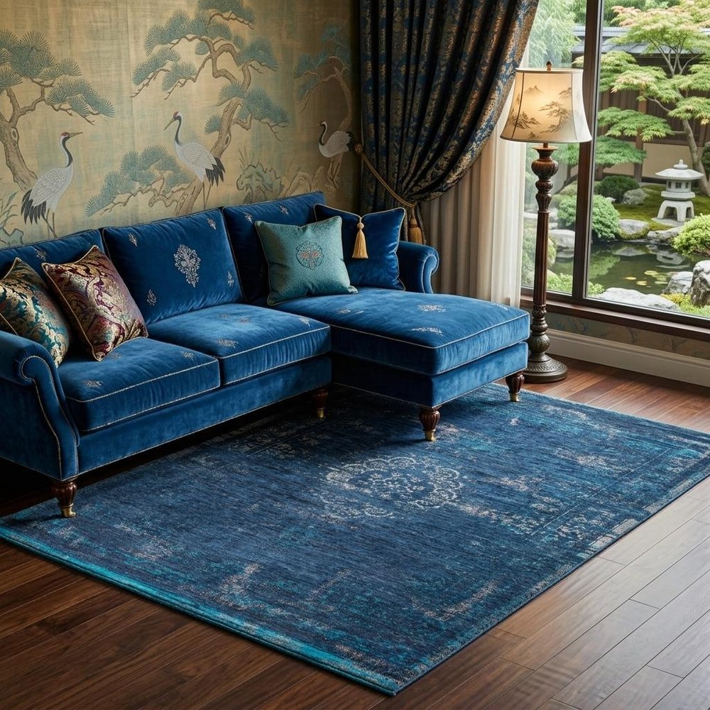 9' X 13' Blue and Gray Medallion Non Skid Area Rug