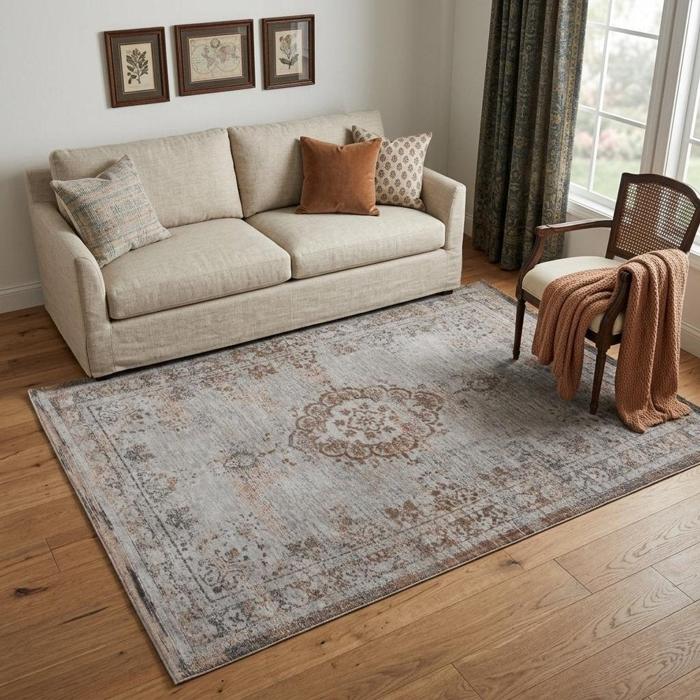 5' X 7' Gray and Beige Medallion Non Skid Area Rug
