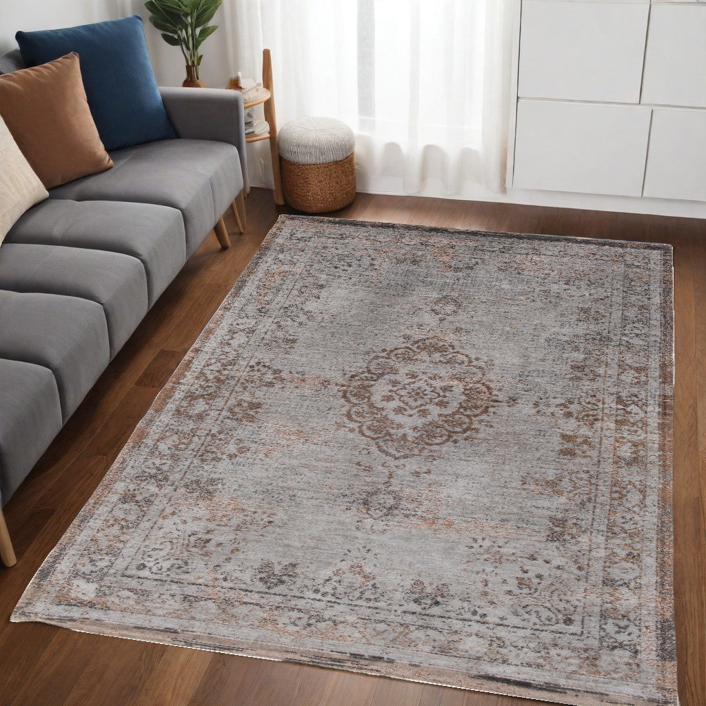 5' X 7' Gray and Beige Medallion Non Skid Area Rug